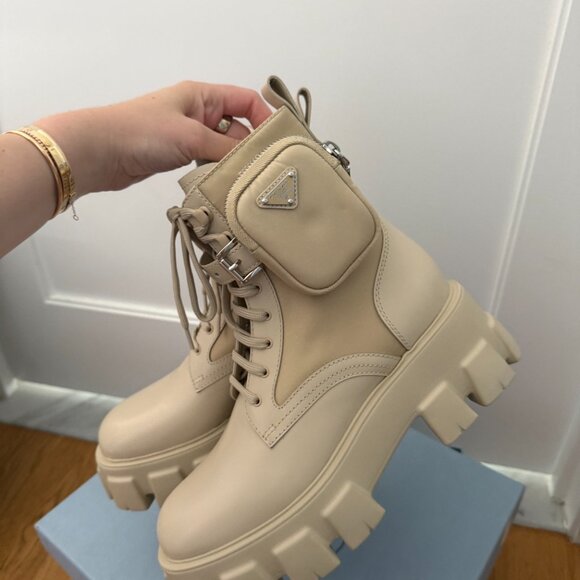 Prada Monolith Platform Combat Boots Re-nylon Leather In Deserto Pouch Pockets - Picture 10 of 12